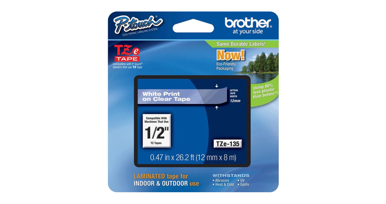 ETIQUETA BROTHER TZE135 BLANCO SOBRE ETIQUETAS TRANSPARENTE  PTD210,PTD220,PTP300, PTH110 ANCHO 12 M