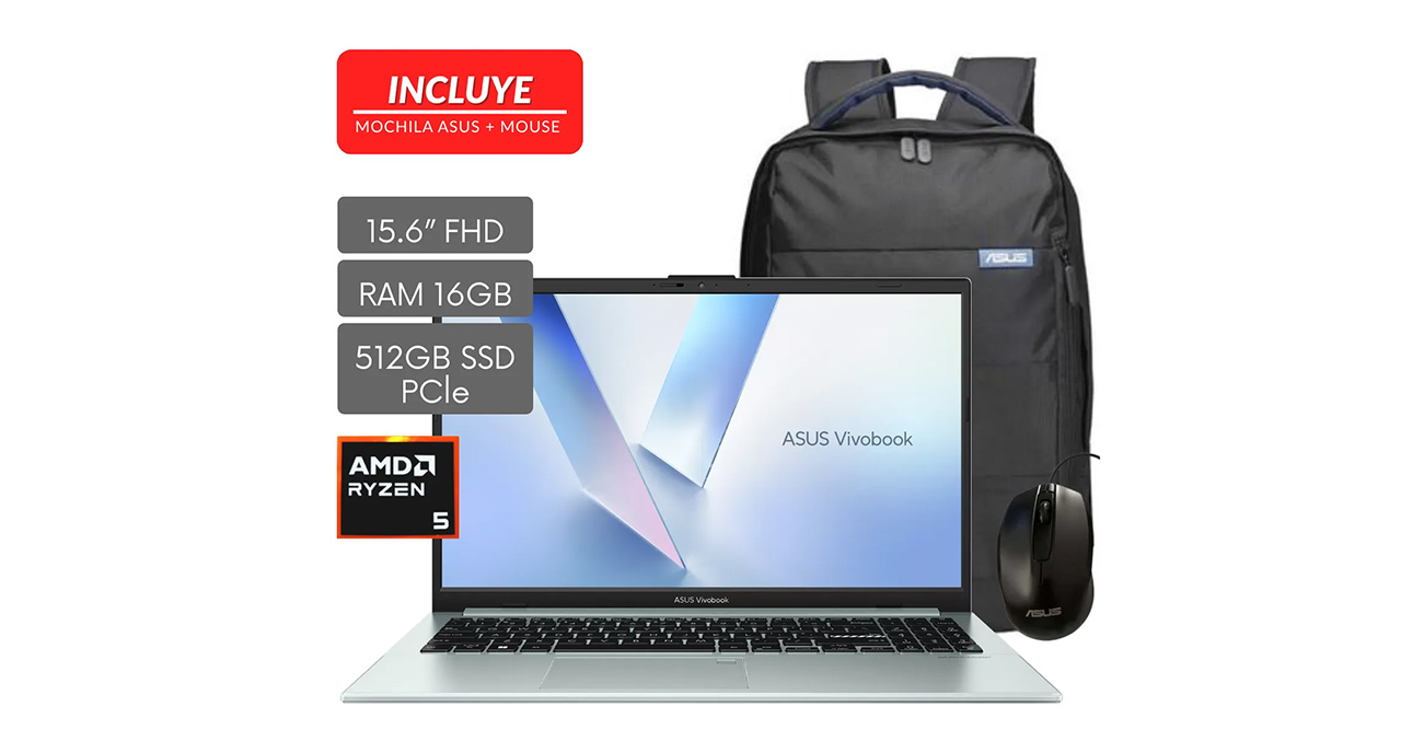 NOTEBOOK ASUS VIVOBOOK GO 15 AMD R5-7520U 2.8GHZ-16GB-512GB SSD-GREEN-15.6"FHD+MOUSE+MOCHILA-FREEDOS
