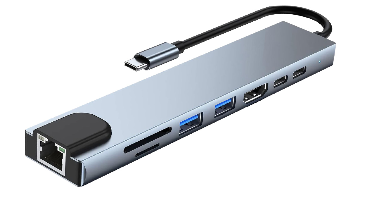 DOCKING STATION EZMI ADAPTADOR 8 EN 1 USB-C A USB-C(2)+ HDMI + USB-A+ SD/TF + RJ45