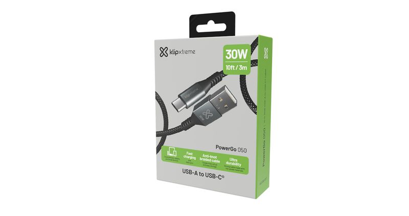 CABLE KLIP XTREME USB-A MACHO a USB-C MACHO 10 PIES (3.05m) CARGA RAPIDA 30W 480 MBPS