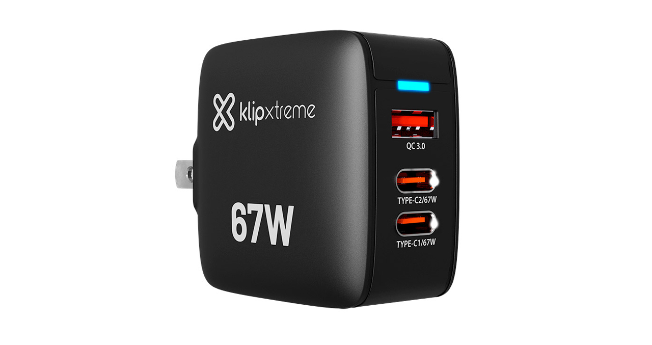 CARGADOR DE PARED KLIP XTREME 67W CARGA RAPIDA HASTA LAPTOP  2 USB TIPO C - 1 USB TIPO A