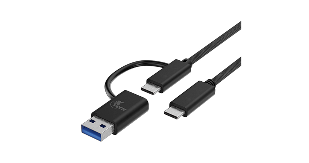 CABLE XTECH USB-C MACHO A USB-C MACHO CON DONGLE USB-A 2.0 - 1.8 METROS